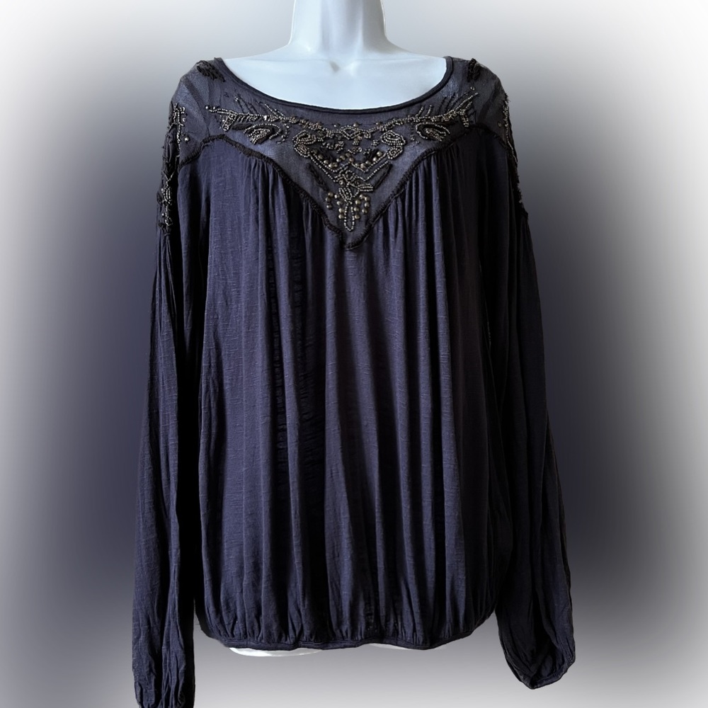 Free People Juliet beaded & embroidered puff sleeve tunic blouse S Boho! 🔥